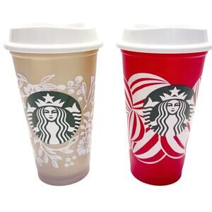 Starbucks Coffee Set of 2 Christmas Holiday Reusable Cold Cups Red & Gold w/Lids